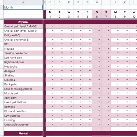 example of symptom tracking spreadsheet