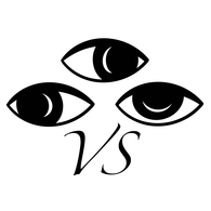 logo containing three black eyes and the letters VS on a transparent background