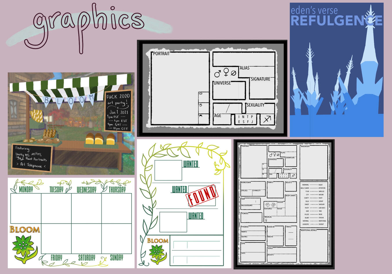 image containing numerous examples of previous graphic design work